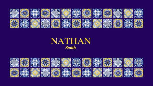 Nathan Smith lettering framed by rows of blue, white and yellow patterned tiles