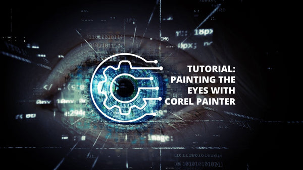 Painting the Eyes with Corel Painter title beside a blue eye with digital graphics