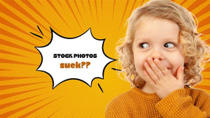 Child covering her mouth beside a comic-style speech bubble asking whether stock photos suck