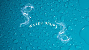 Water Drops title over blue water droplets with white decorative swirls