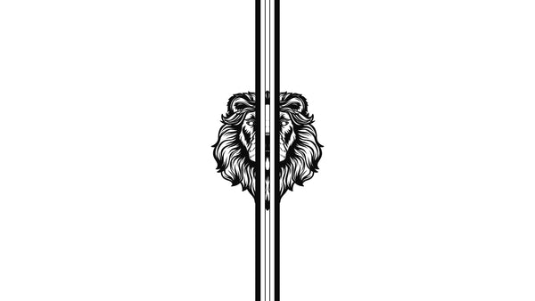 Black lion face illustration crossed by three vertical stripes on a white background