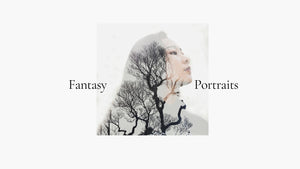 Fantasy Portraits title beside a double-exposure portrait of a woman and bare trees