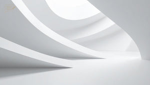 Sweeping white architectural curves and soft grey shadows form a minimalist abstract interior.