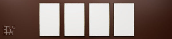 Vertical wall art collection banner with four upright frames on a brown wall