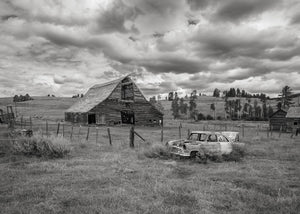Monochromfoto einer verwitterten Scheune in Alberta, überwuchertem Auto und offenem Ackerland.