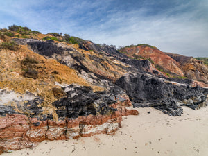 Aquinnah clay cliffs rise above pale sand beneath blue sky and thin white clouds.