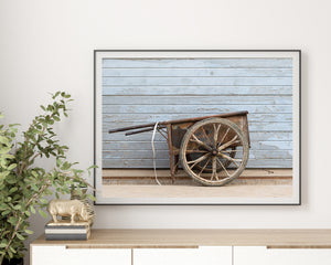 Warm brown rust contrasting with a pale blue horizontal shutter