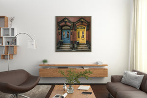 Reflections of greenery appear above colourful historic doorways in New Brunswick.