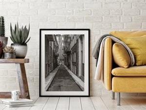Boston architectural photograph with railings, stairways and tall brick walls
