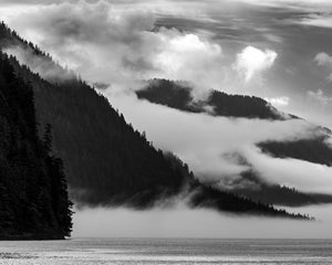 Monochroom mistig landschap British Columbia