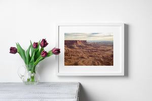 Layered canyon terrain stretches toward a distant horizon beneath soft clouds.