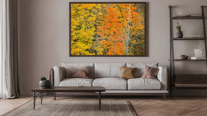 Ontario woodland detail showing layered fall leaves and fine branches.