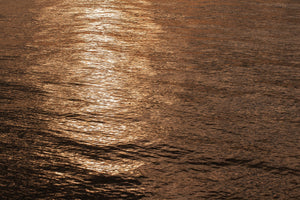 A bright golden reflection crosses textured bronze-coloured ocean ripples