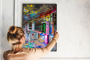A colourful Slug Bug Ranch interior shows broken windows and weathered furniture