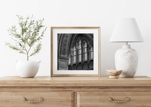 Intricate masonry and luminous Gothic windows form a black and white architectural study