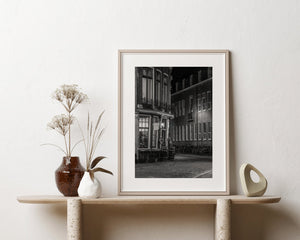 Black and white Dutch city architecture scene