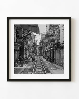 Black and white photograph of Hanoi Train Street railway