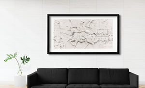 Detailliertes Relief eines Pferdes, eines wallenden Umhangs und eines gepanzerten Reiters
