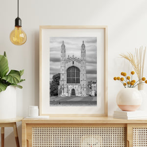 Black and white architectural photograph of King’s College Chapel