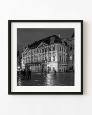 Kinský Palace illuminated at night in Prague in black and white