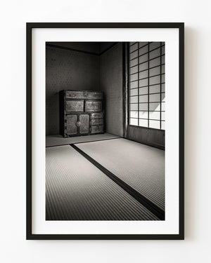 Traditional Japanese tatami room interior in monochrome