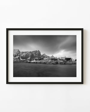 Sakrisøy fishing village Lofoten black and white