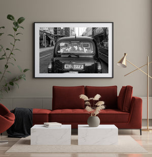 London city taxi monochrome photo