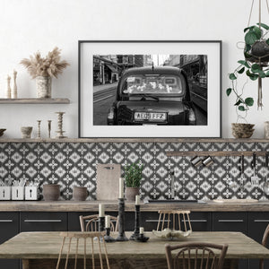 rear view of London cab with roses