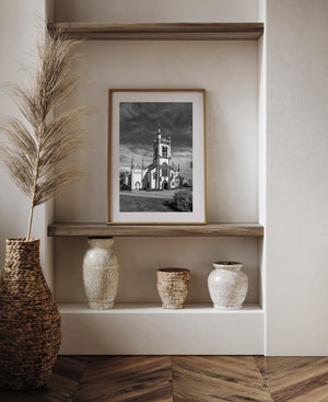 Detailed wooden Gothic church facade Lunenburg Nova Scotia black and white