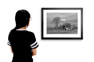 Ländliches Leben, Bauernhaus und Scheune, Maine, Schwarz und Weiß