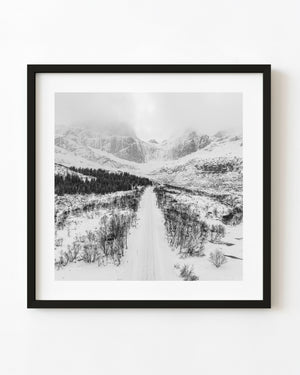 Snow-covered road in Norway black and white