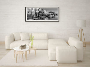 Panoramic Portland waterfront with working fishing boats and old wooden buildings