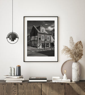 Urban Iceland architecture with graffiti and wooden siding