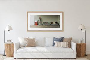 Route 66 Americana scene with vintage pumps and faded metal seating