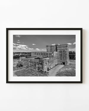 Historic Sault Ste Marie industrial building in black and white