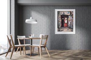 Pigeon artwork above a vivid graffiti-covered London doorway