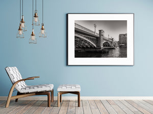 Black and white architectural view along Southwark Bridge