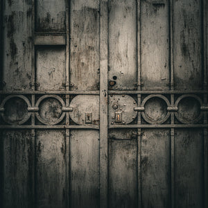 Primer plano de una puerta italiana antigua con detalles metálicos circulares repetidos.
