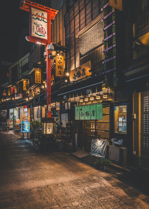 Tokyo night lane lined with glowing signs and wooden restaurant fronts
