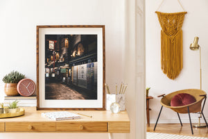 Tokyo lantern-lit lane with wooden facades and warm evening light
