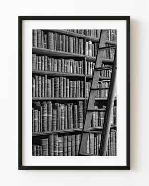 Holzleiter vor Regalen mit antiken Büchern in der Bibliothek des Trinity College in Schwarzweiß.