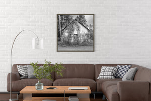 A small gabled building partly hidden beneath dense climbing foliage