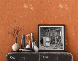 Derelict farmhouse interior with a wooden chair and old television set.