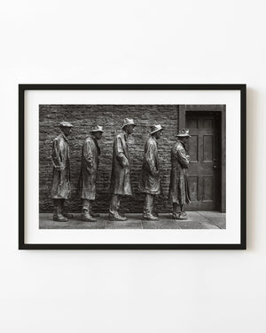 Breadline sculpture at the FDR Memorial in Washington, DC, in black and white.