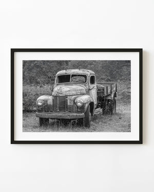 Weathered vintage truck standing in grass in black and white