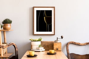 Minimal still life of white wine with curved bottle and glass outlines