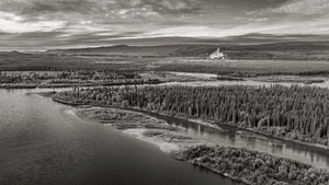 Panoramic monochrome landscape of the Yukon River and dense boreal forest
