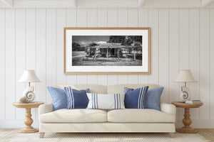 Black and white photograph of an abandoned Southern Indiana homestead.