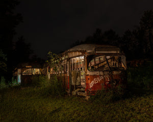 Colour night photograph of weathered transit cars surrounded by overgrown vegetation.