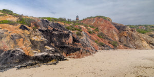 Aquinnah clay cliffs and Gay Head Lighthouse on Martha’s Vineyard under a pale cloudy sky.